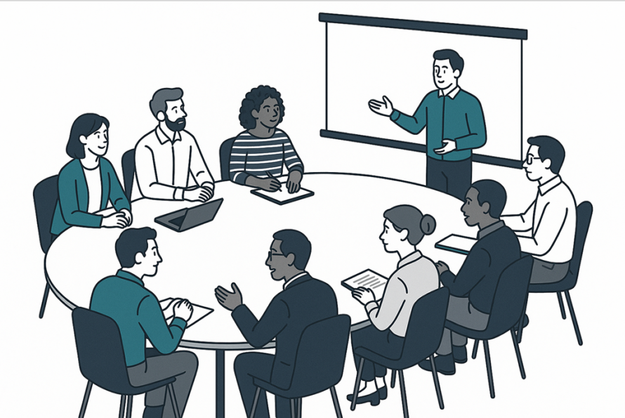 Illustration of diverse persons seated at round table with one person standing and gesturing in front of a media screen