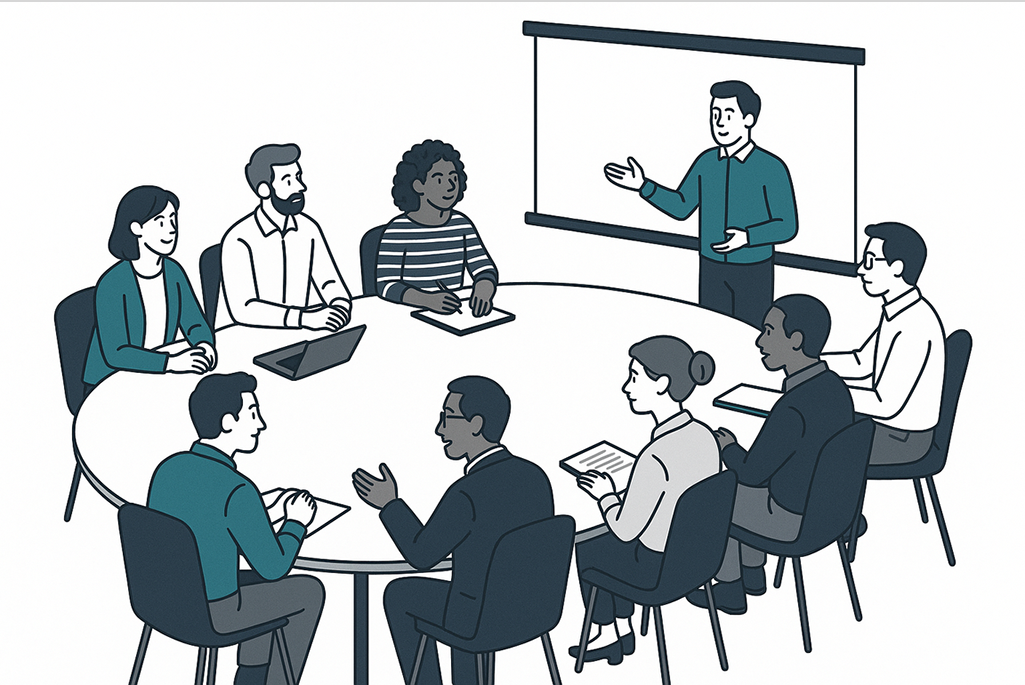 Illustration of diverse persons seated at round table with one person standing and gesturing in front of a media screen