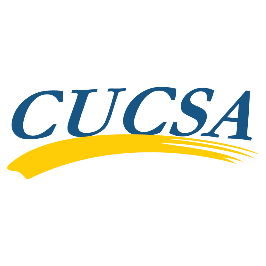 Large blue serif type reading "CUCSA" underscored by yellow swoosh-style line beneath