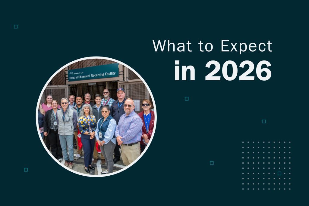 Graphic: group of people gathered together in front of the Central Chemical Receiving Facility, with text that reads, "What to Expect in 2026" on a navy background.