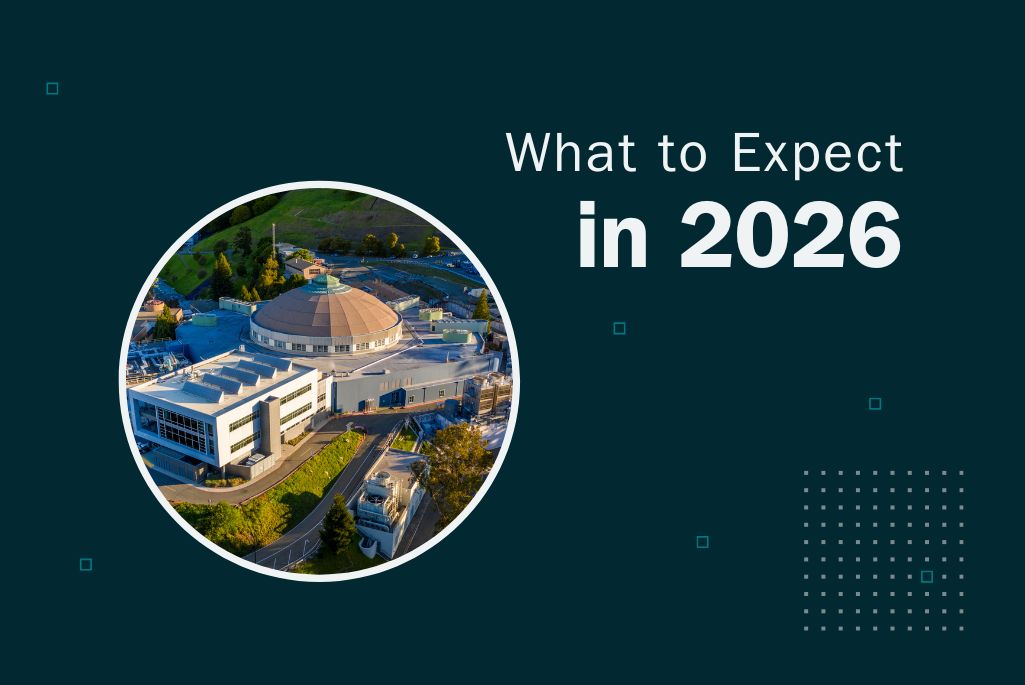 Graphic: aerial view of Berkeley Lab campus with text that reads, "What to Expect in 2026" on a navy background.