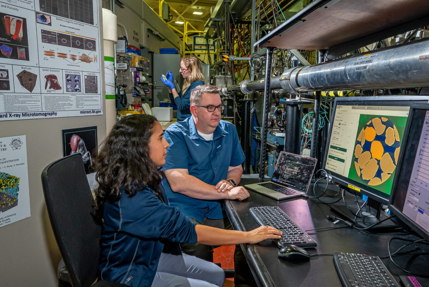 Alexander Hexemer, Tanny Chavez, and Liz Clark pictured at the ALS microtomography beamline with an AI-driven web interface that will be leveraged by SYNAPS-I.