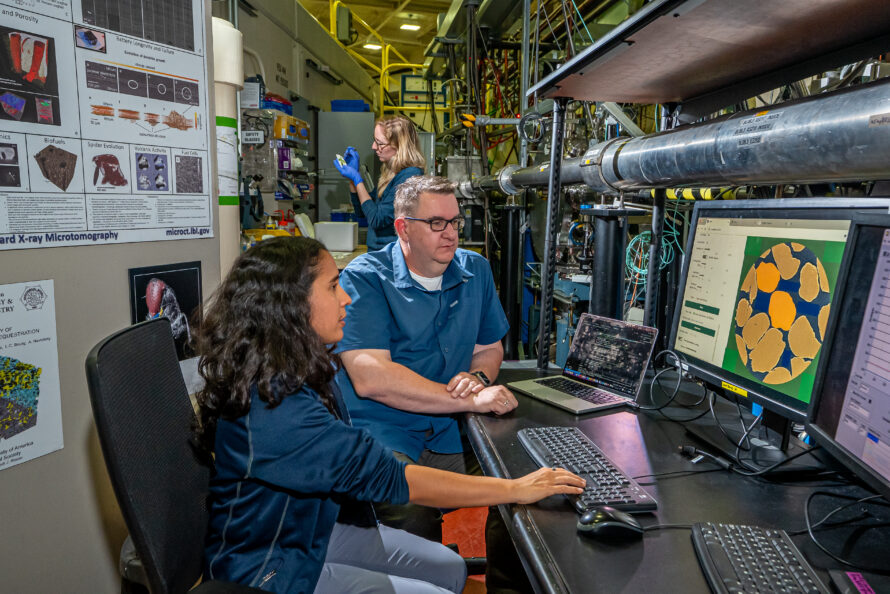 Alexander Hexemer, Tanny Chavez, and Liz Clark pictured at the ALS microtomography beamline with an AI-driven web interface that will be leveraged by SYNAPS-I.