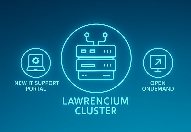 Composite illustration of three circles against a dark blue background with the largest circle in the center labeled "Lawrencium Cluster"; the smaller circle on the left labeled "New IT Support Portal"; and the same-size circle on the left labeled "Open on Demand"