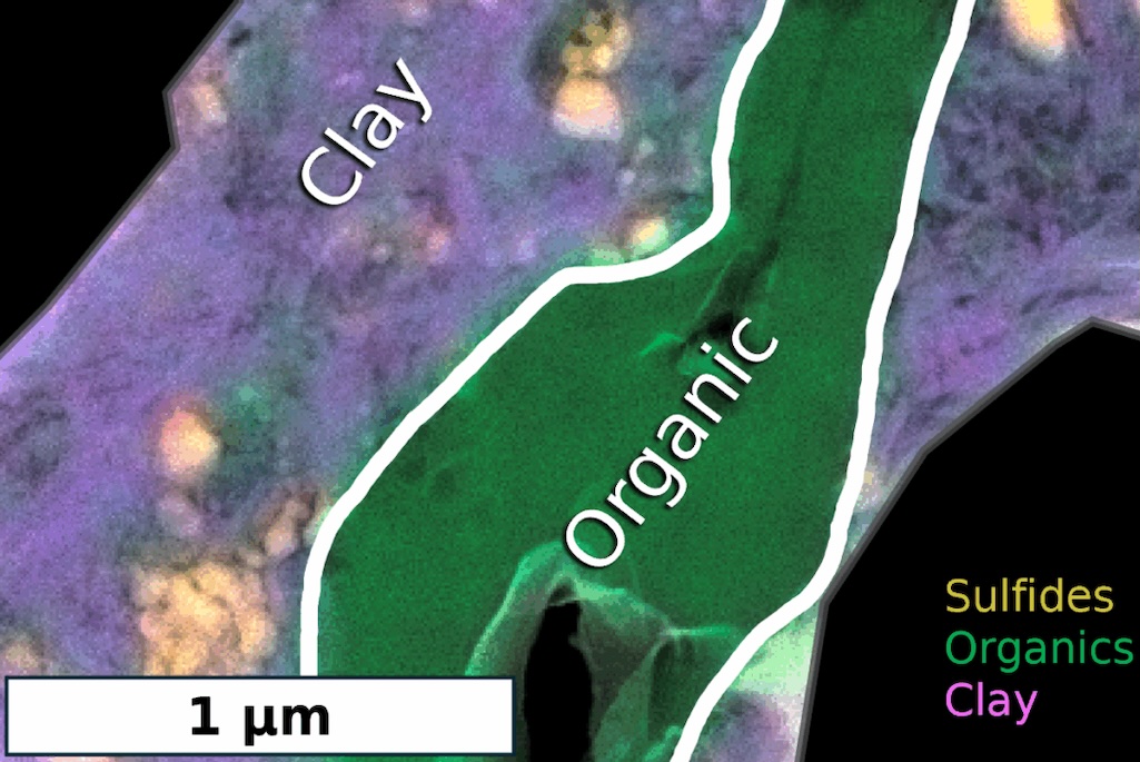 Microscopy image of a Bennu asteroid sample showing a green nitrogen-rich vein between two purple mineral (clay) layers.