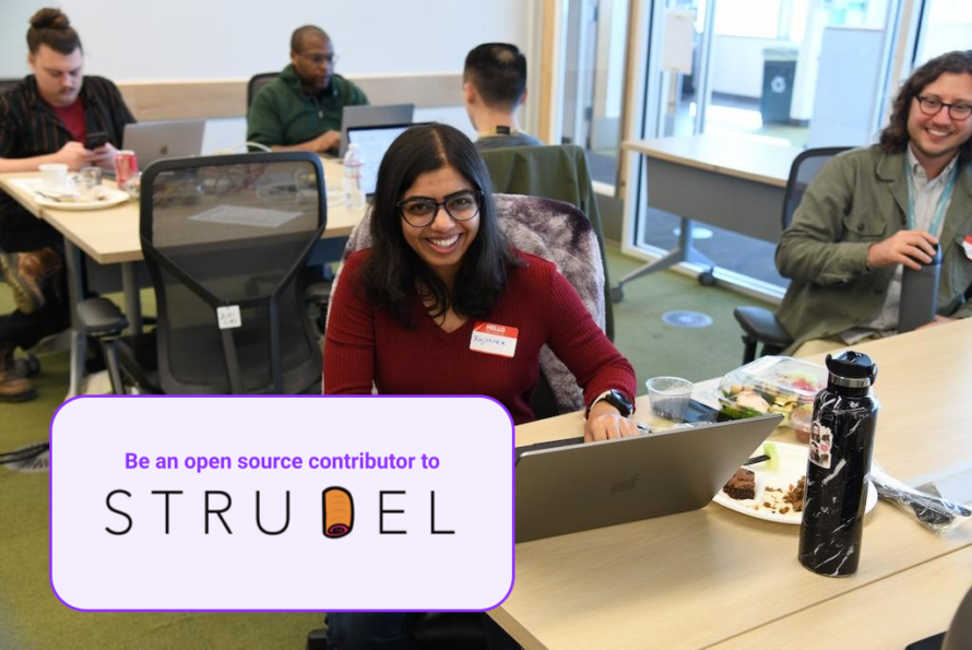 Composite graphic of person with long black hair wearing red sweater typing at computer keyboard in meeting room with rectangular block overlaid on photo with words " STRUDEL"