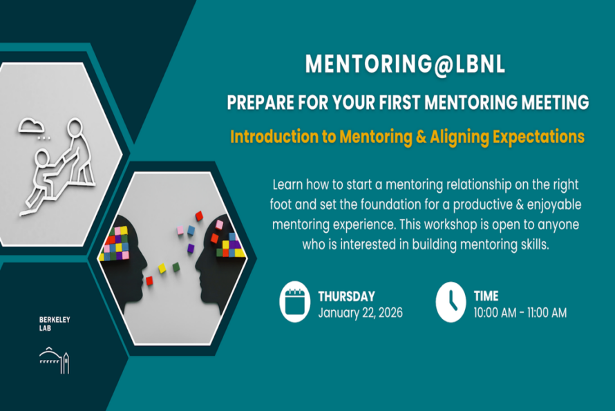 Composite illustration of three hexagonal-shaped graphic elements with text at top "Mentoring@LBNL Prepare for Your First Mentoring Meeting"