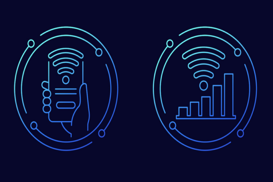 Composite illustration of two blue circles against a black background, one with a hand holding a phone and the other displaying wifi connection strength bars