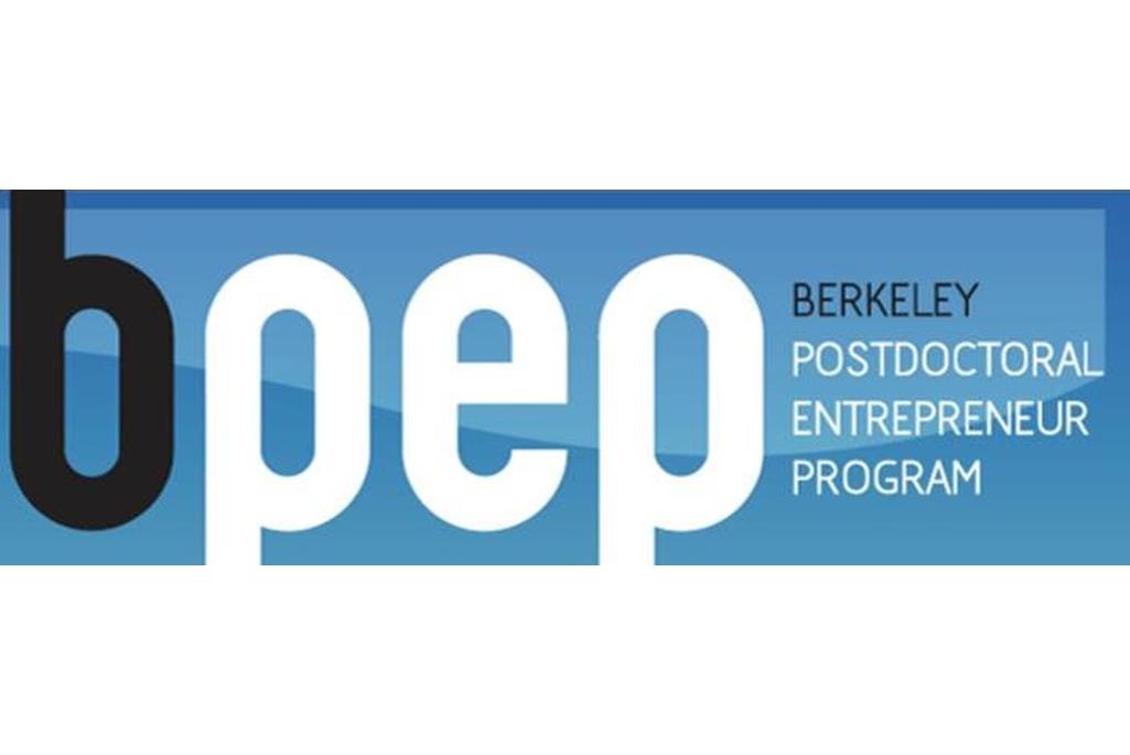 Logo illustration of word "BPEP" with words "Berkeley Postdoctoral Entrepreneur Program" against a blue background