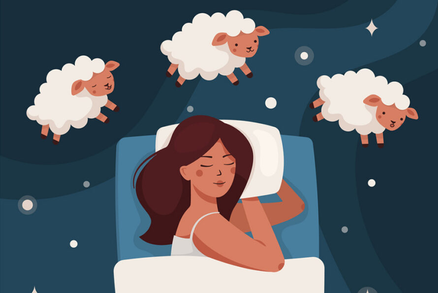 Illustration of a person lying on a bed sleeping against a starry night background, with lambs jumping around.