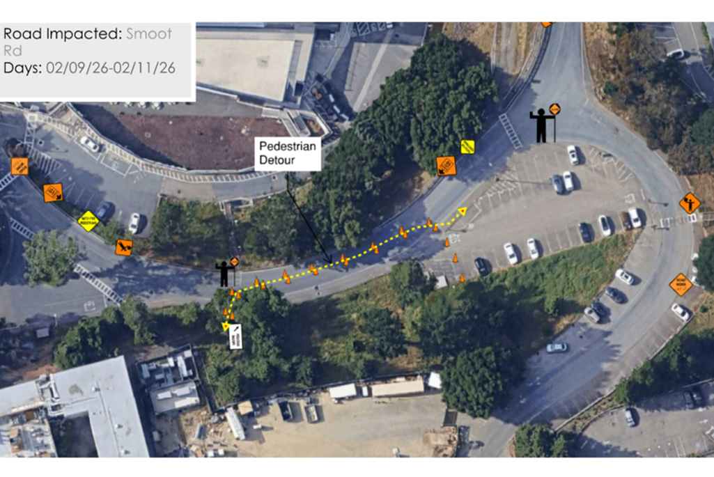 Aerial view of Smoot Road with icons indicating roadwork between 02/09/26-02/11/26.