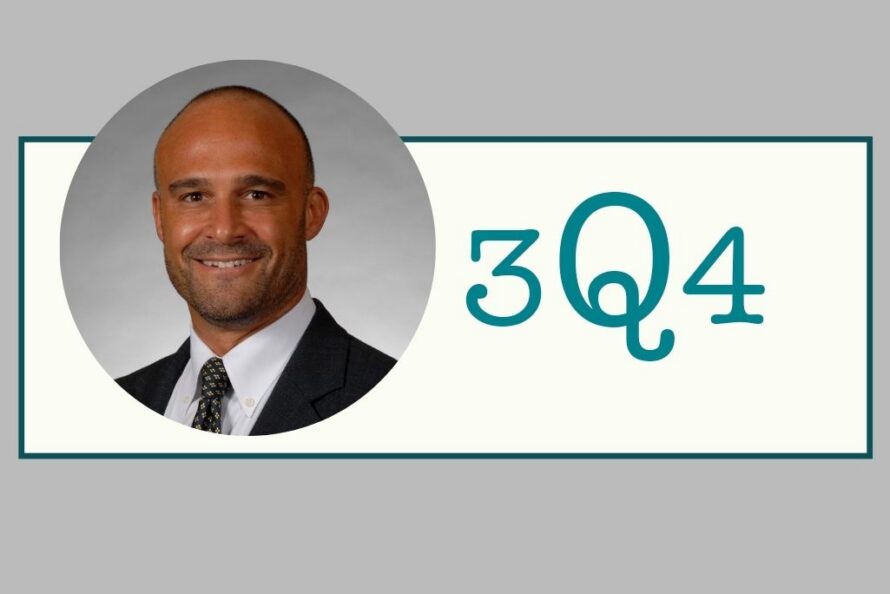 Composite image: a circular portrait of Dr. Joseph Toscano wearing a suit, smiling, with the words 3Q4 on the right.