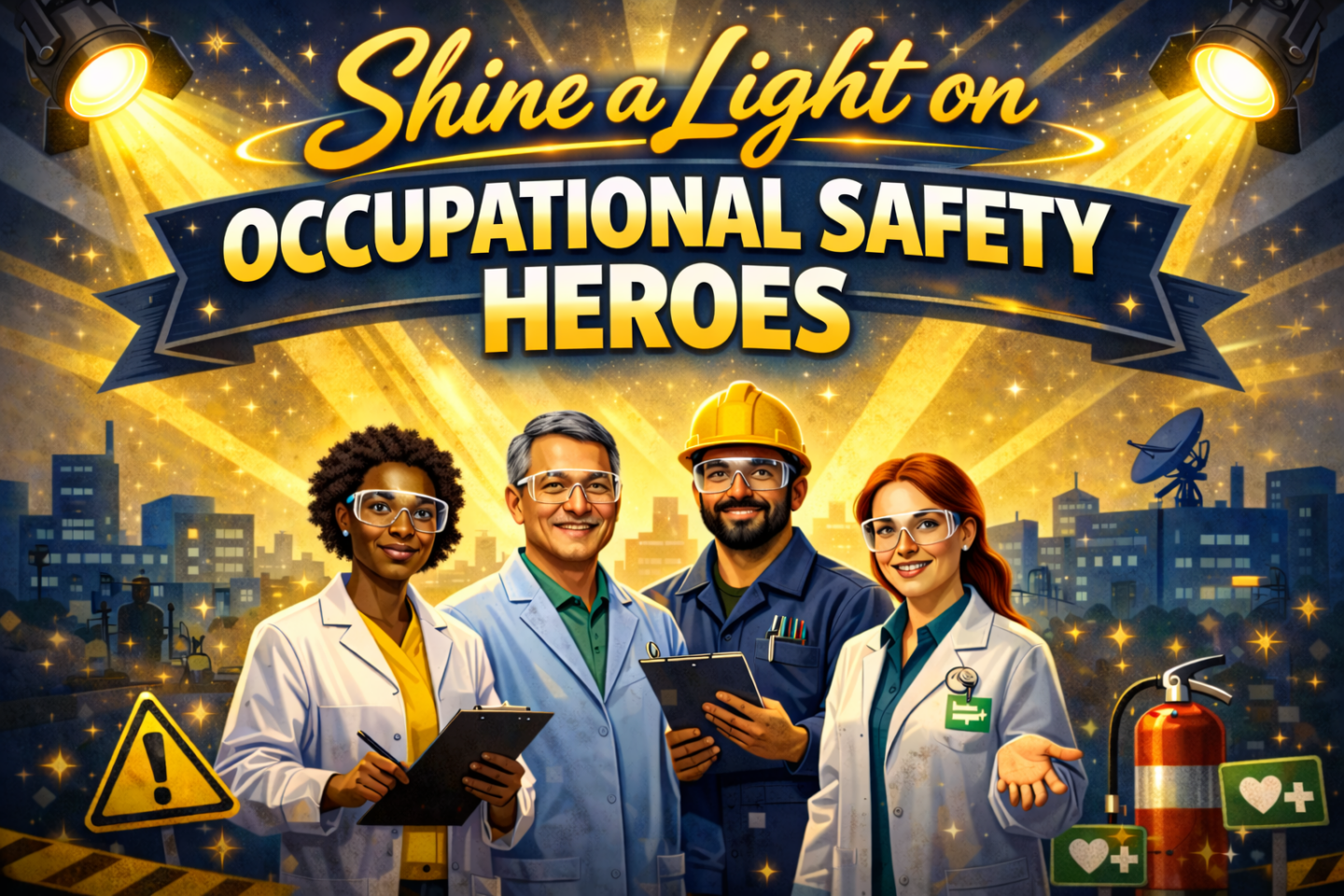 Illustration of four persons wearing occupation-appropriate uniforms with spotlights shining on them and words above "Shine a Light on Occupational Safety Heroes"