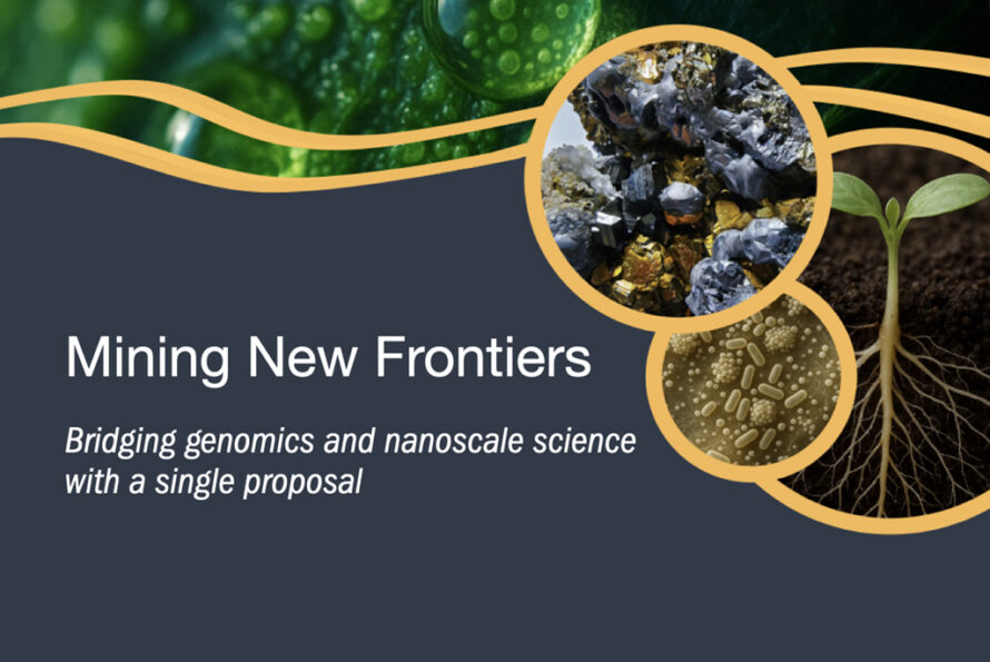 Composite illustration of circular photos of plants and soil above white words "Mining New Frontiers" against gray background below