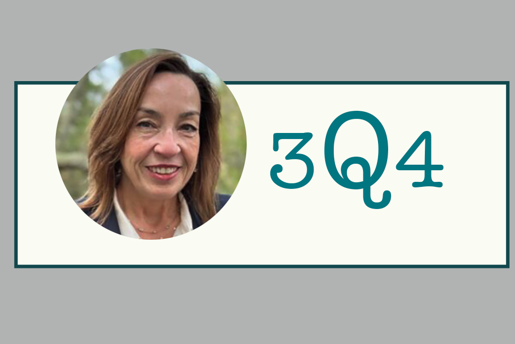 Headshot of smiling person inset into circle with text 3Q4 next to it