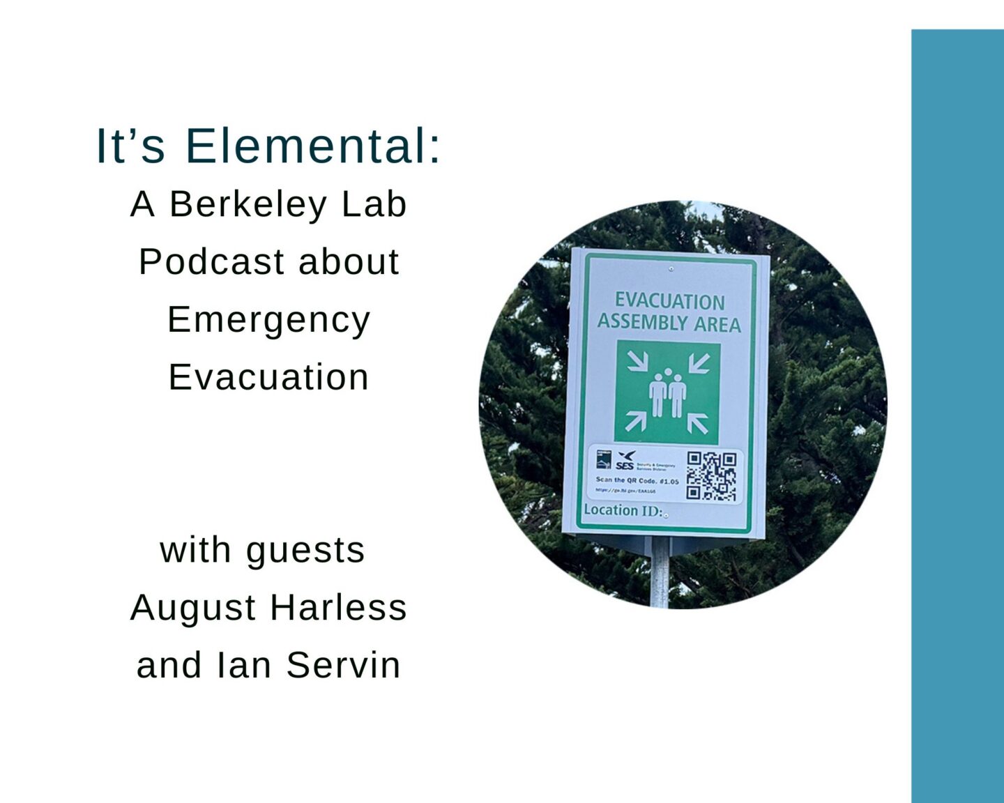 Composite image with text with podcast title and image of green evacuation sign inset into circle shape