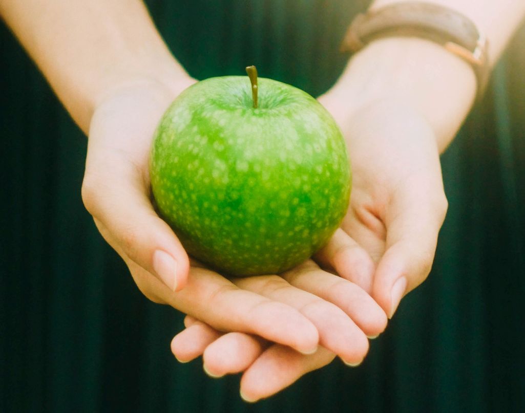 Closeup of person's hand cupped on top of the other hand with palms up and holding a green apple