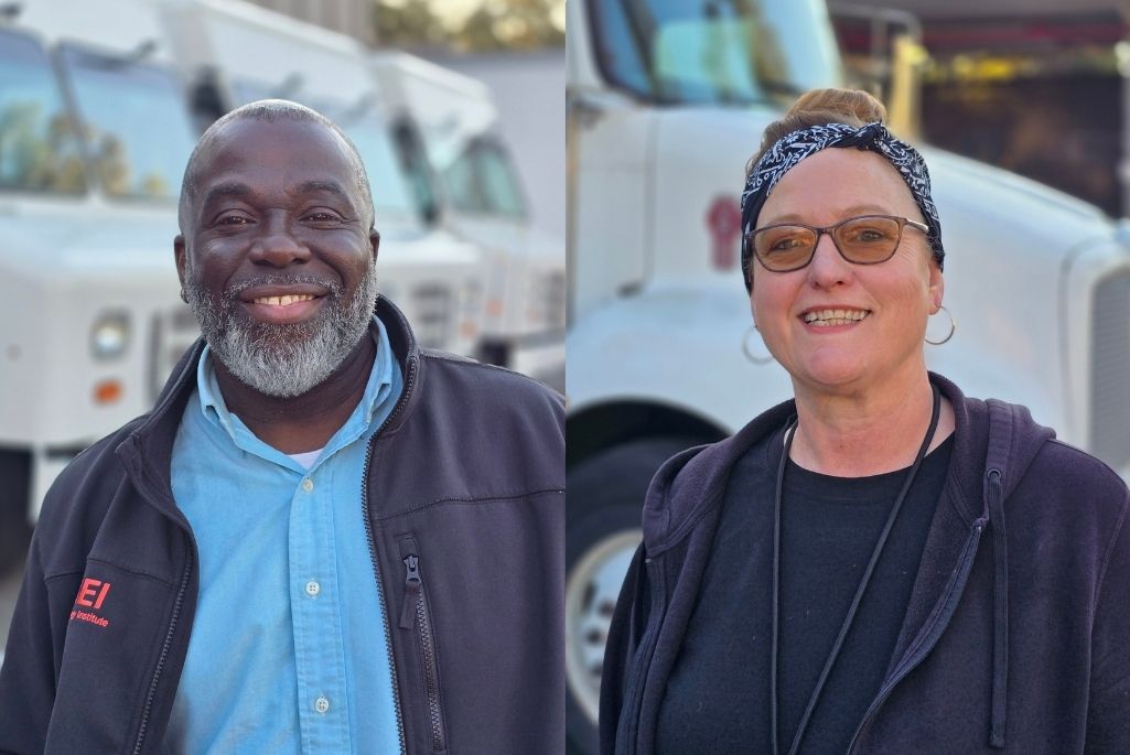 Collage of two portraits of people smiling for the camera, standing outside in front of large delivery trucks. On the left is Paul Williams, on the right is Lori Colton.
