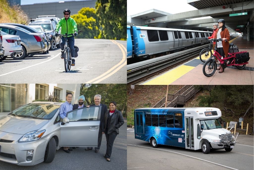 Collage of four pictures depicting different modes of sustainable commuting, including biking, carpooling, public transit, and the Lab shuttle.