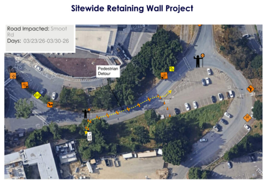 Aerial view of Smoot Road with icons indicating roadwork between 3/23/26-3/30/26.