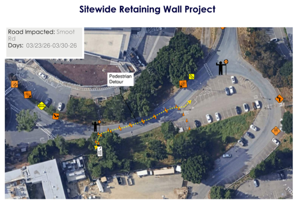 Aerial view of Smoot Road with icons indicating roadwork between 3/23/26-3/30/26.