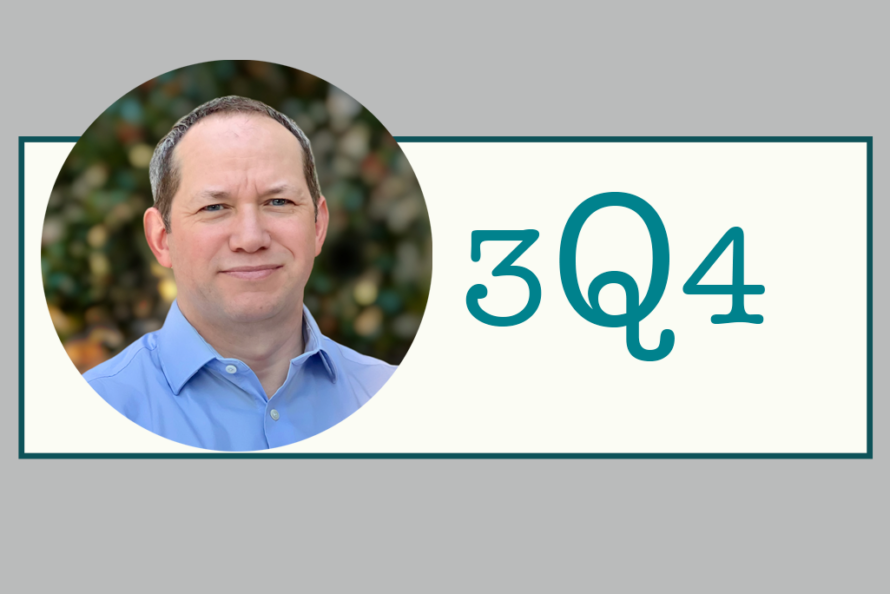 Headshot of Alistair Rogers against a background printed with 3Q4