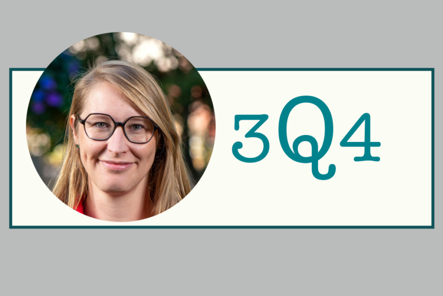 headshot of researcher Lydia Rachbauer against a background with 3Q4 written on it