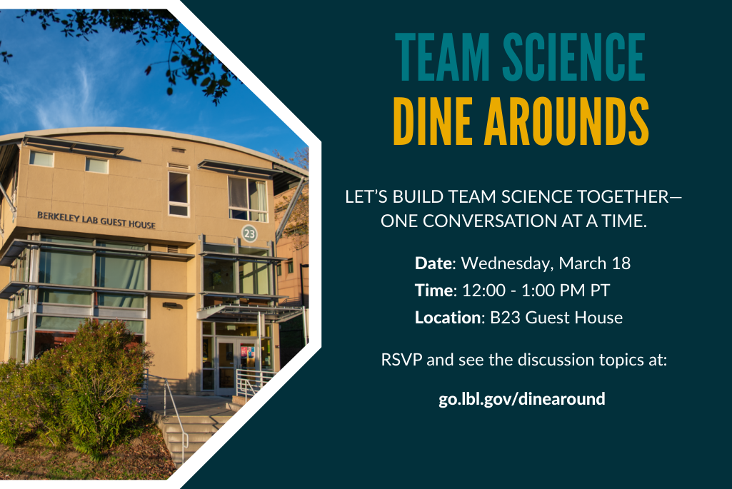 Composite illustration flyer with photo of Berkeley Guest House on left and words "Team Science Dine Arounds" on left