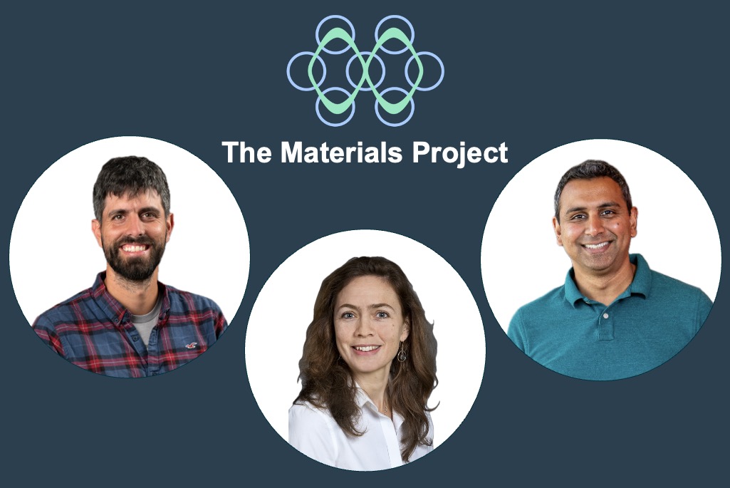 Circular portraits of three Berkeley Lab researchers against dark blue background labeled "The Materials Project"