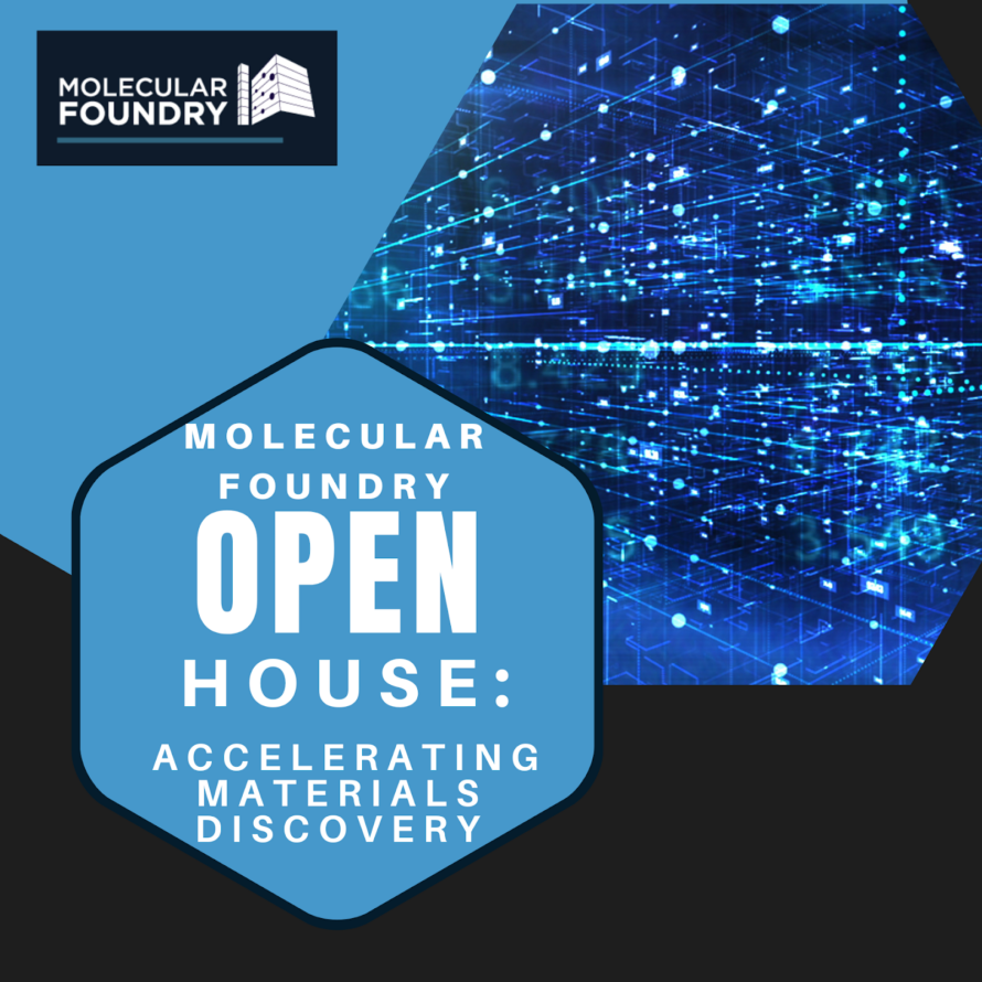 Composite illustration of logo of Berkeley Lab Molecular Foundry atop white words "Molecular Foundry Open House: Accelerating Materials Discovery"