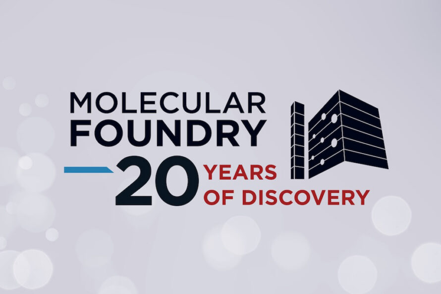 Graphic of building outline with text Molecular Foundry 20th anniversary