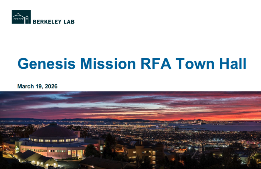 Berkeley Lab hill site at dusk with ALS building in foreground titled "Genesis Mission RFA Town Hall"