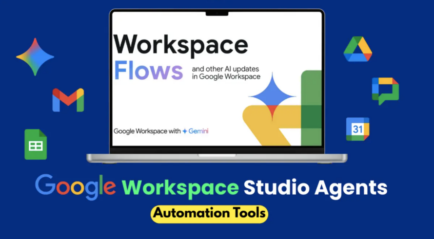 Graphic of open laptop computer with the words "Workspace Flows" on the monitor against a dark blue background
