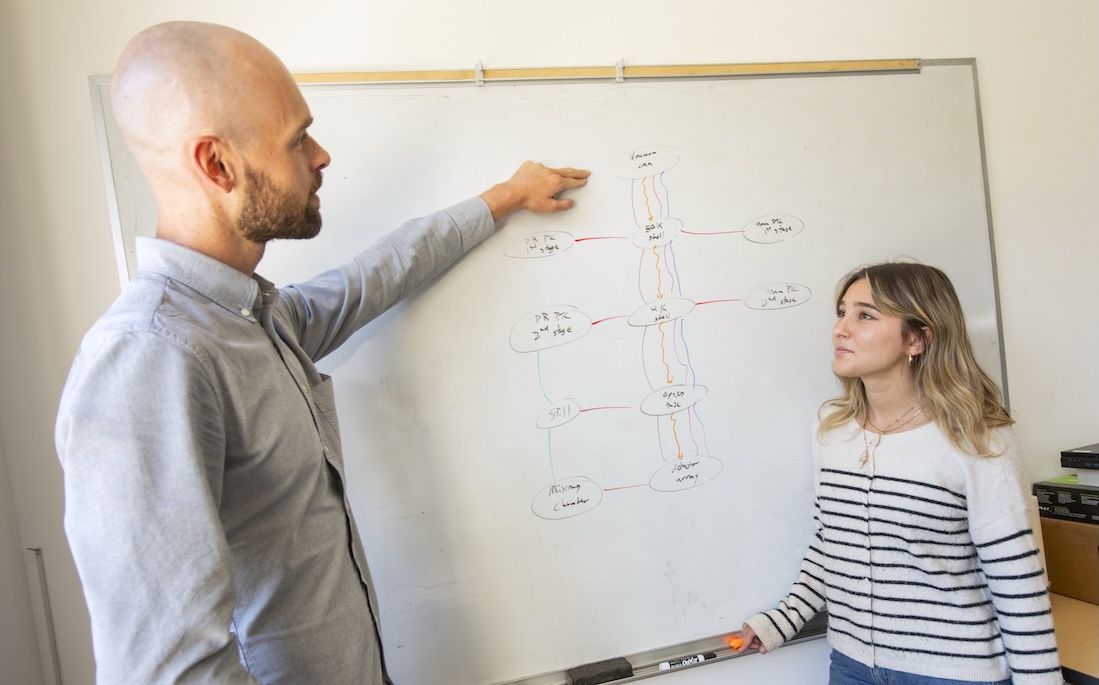 Two persons standing in front of white board with one person pointing at the board