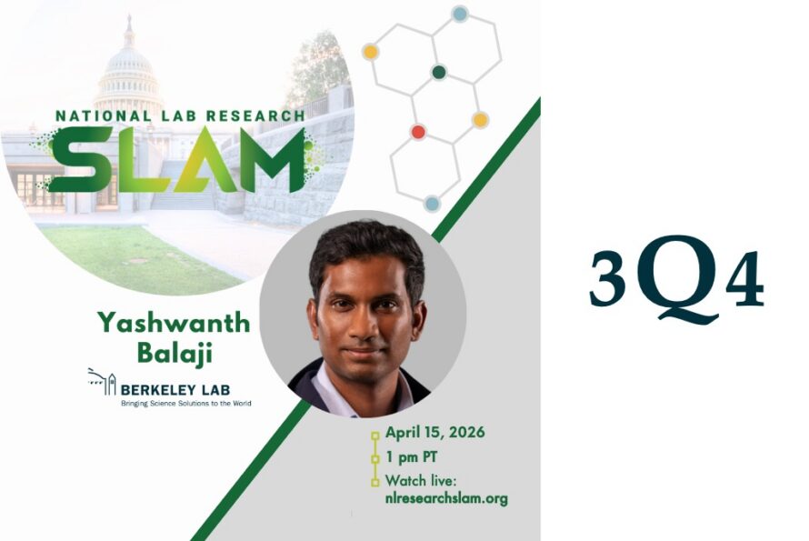Composite graphic of circular portrait of Berkeley Lab researcher Yashwanth Balaji and logo of nation's capital buildings labeled "National Lab Research SLAM"