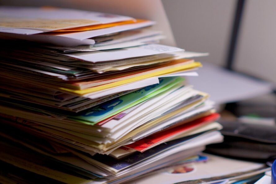 Large stack of mail on an office desk.