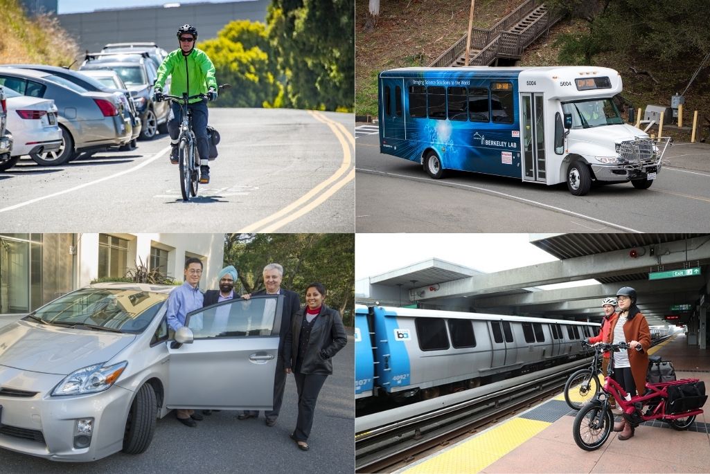 Collage of four pictures depicting different modes of sustainable commuting, including biking, carpooling, public transit, and the Lab shuttle.