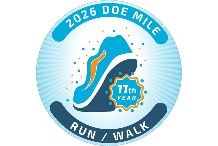 Blue, white, and orange circular logo for the 2026 DOE Mile Run/Walk event featuring a shoe in the center and text reading 11th year.