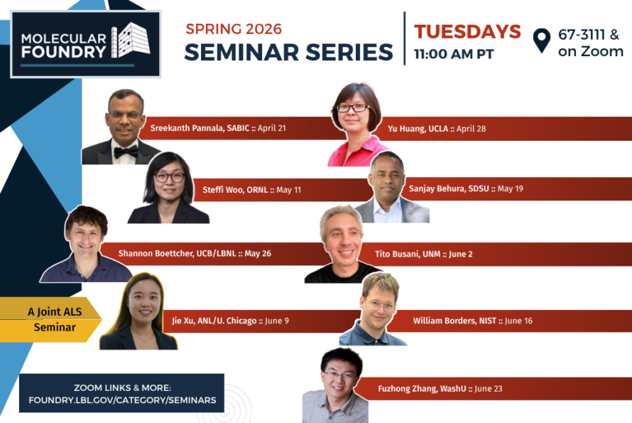 Composite graphic with headshots of nine persons beneath Molecular Foundry logo and words "Spring 2026 Seminar Series"