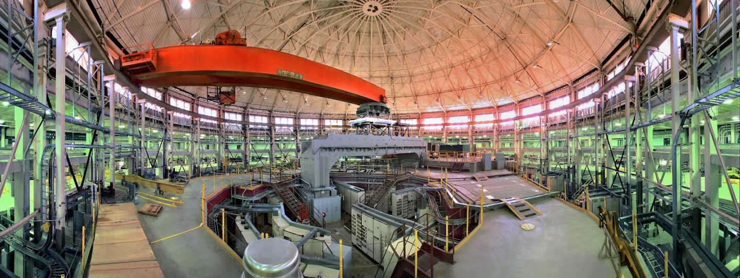 Wide-angle view of circular interior of Berkeley Lab's ALS building