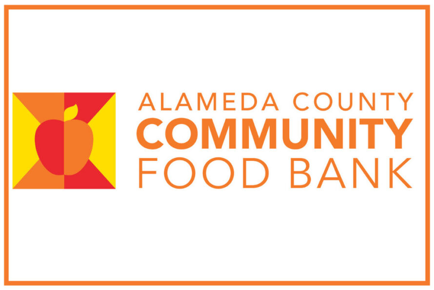 Red and yellow graphic of apple in center of a square with the words "Alameda County Community Food Bank"