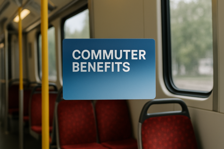 Blue text block with white words "Commuter Benefits" superimposed over inside of subway car
