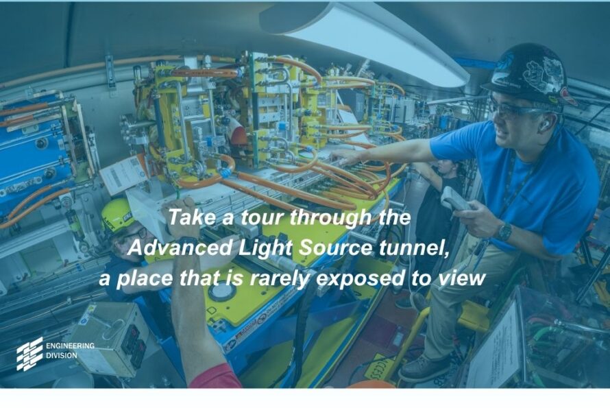 Person with blue shirt wearing protective hat and goggles manipulates complex X-ray device at the Berkeley Lab ALS