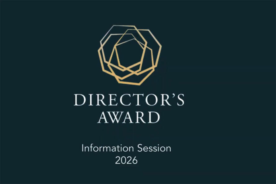 Logo in gold on dark background