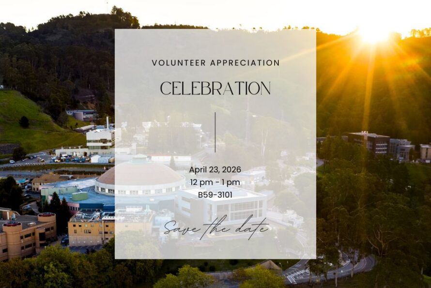 Text "Volunteer Appreciation Celebration" superimposed over Berkeley Lab sunset scene.