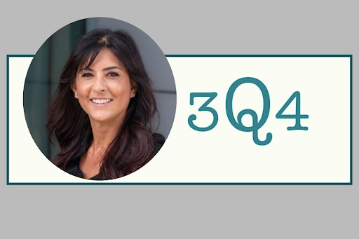 headshot of Sarah McGinn against a background with 3Q4 written on it