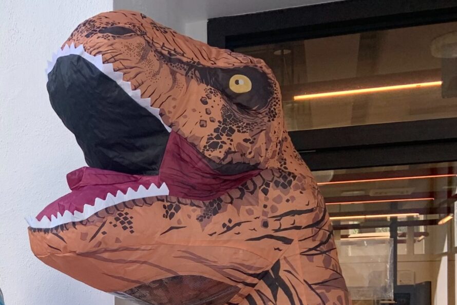 Head of an inflatable t-rex costume.
