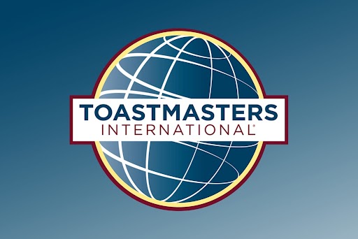 Graphic outline of blue globe with rectangular logo with words "Toastmasters International".