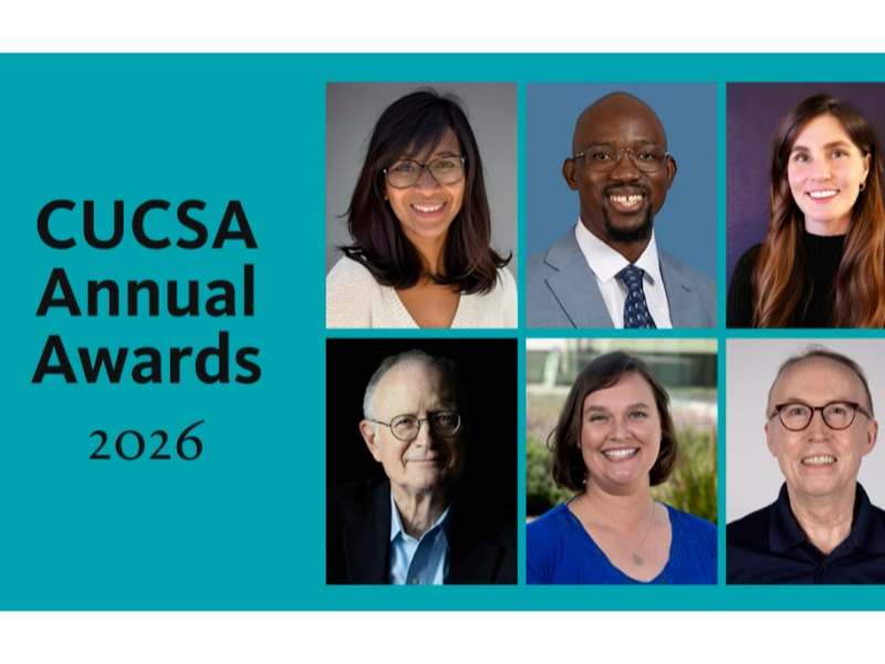 Six head shots of people adjacent to black words "CUCSA Annual Awards" against teal background