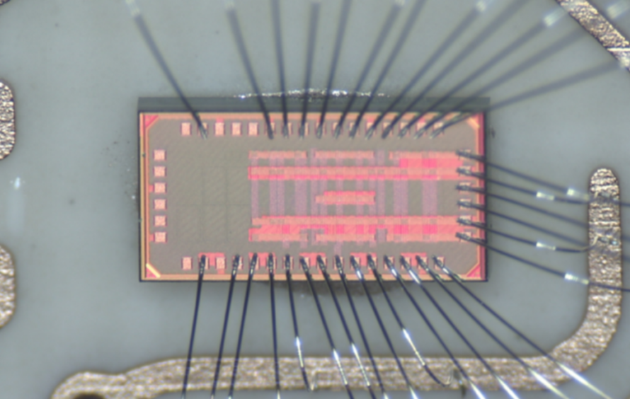 An ASIC prototype microchip that is rectangular with pink circuits made for LEGEND-1000, a planned physics detector at Berkeley Lab.